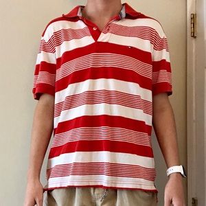 orange and white striped tommy hilfiger polo shirt
